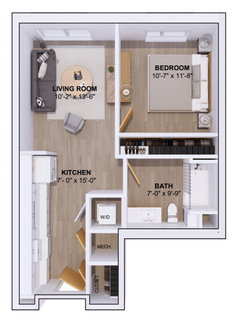 Floor plan for 1 bed, 1 bath, 595 sqft