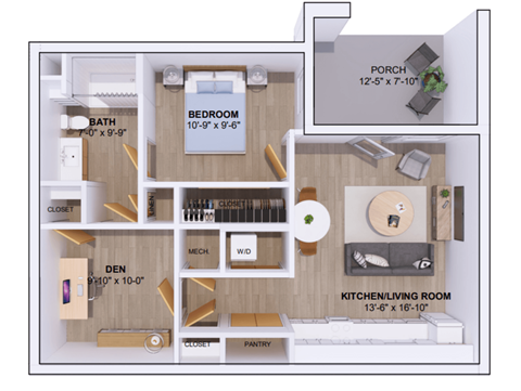 Floor plan for 1 bed, 1 bath, 715 sqft