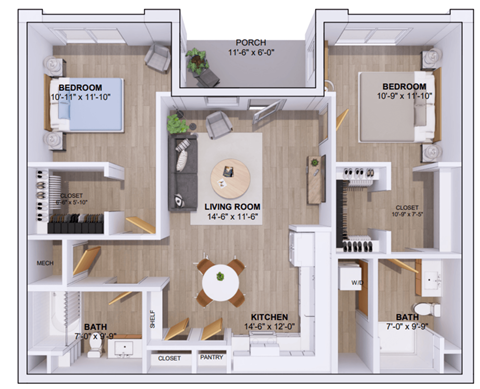 Floor plan for 2 beds, 2 baths, 1100 sqft