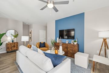 Woodbridge apartment for rent - A living room with a white couch and a blue accent wall.