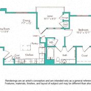 Floor plan for 1 bed, 1 bath, 725 sqft