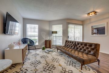 Dallas apartment for rent - A living room with a brown leather couch and a patterned rug.
