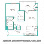 Floor plan for 1 bed, 1 bath, 745 sqft