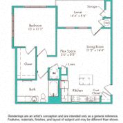 Floor plan for 1 bed, 1 bath, 753 sqft