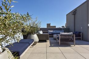 San Francisco apartment for rent - a terrace with blue couches and plants and a blue sky