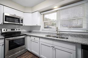 Chapel Hill apartment for rent - A modern kitchen with a stainless steel oven and microwave.