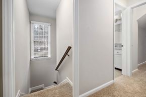 Chapel Hill apartment for rent - A hallway with a carpeted floor and a staircase leading to the second floor.