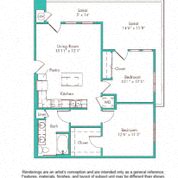 Floor plan for 2 beds, 1 bath, 839 sqft