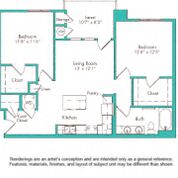 Floor plan for 2 beds, 1 bath, 898 sqft