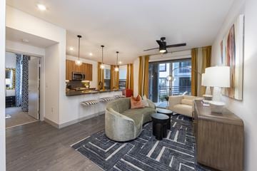 Las Vegas apartment for rent - A modern living room with a grey rug and a white lamp.