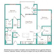 Floor plan for 2 beds, 2 baths, 957 sqft