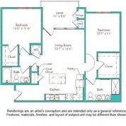 Floor plan for 2 beds, 2 baths, 976 sqft