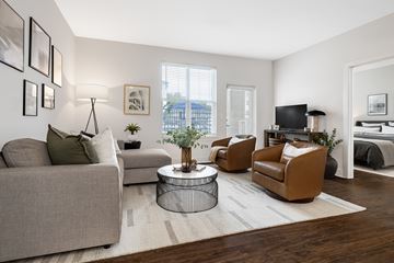 Waldorf apartment for rent - A living room with a grey couch, a brown armchair, and a small table with a plant on it.