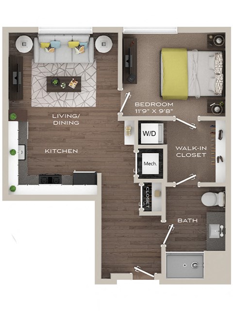 Floor plan for 1 bed, 1 bath, 540 sqft
