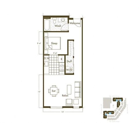 Floor plan for 1 bed, 1 bath, 589 sqft