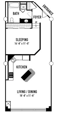 Floor plan for 1 bed, 1 bath, 917 sqft
