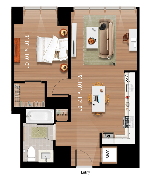 Floor plan for 1 bed, 1 bath, 643 sqft
