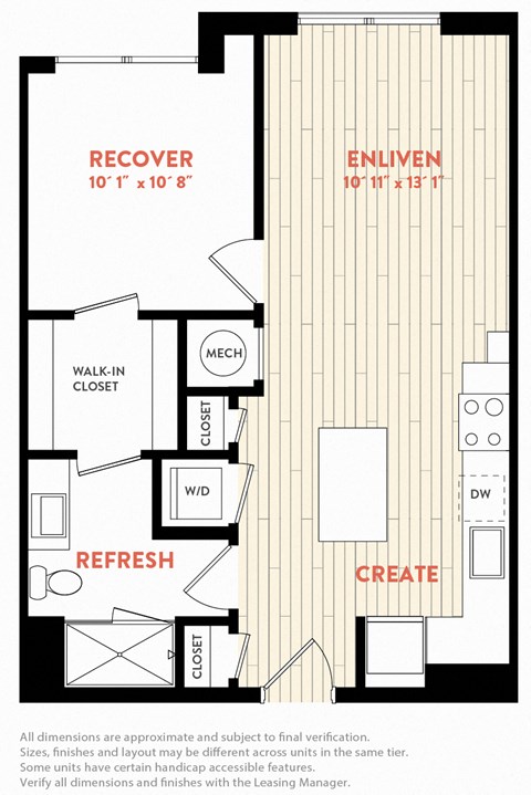 Floor plan for 1 bed, 1 bath, 637 sqft