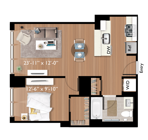 Floor plan for 1 bed, 1 bath, 688 sqft