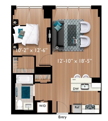 Floor plan for 1 bed, 1 bath, 700 sqft