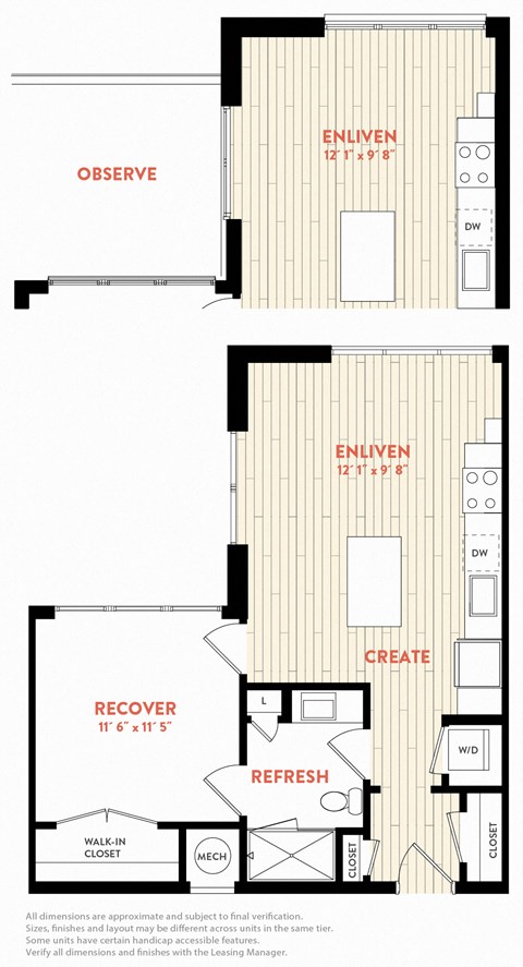 Floor plan for 1 bed, 1 bath, 640 sqft