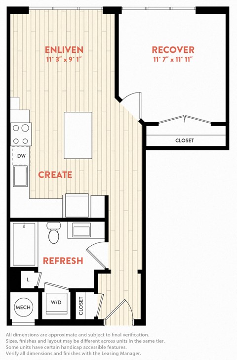 Floor plan for 1 bed, 1 bath, 647 sqft