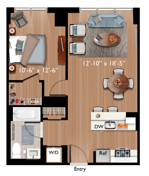 Floor plan for 1 bed, 1 bath, 708 sqft