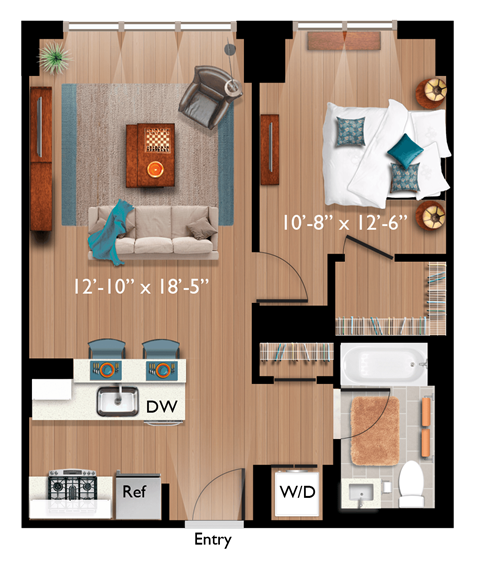 Floor plan for 1 bed, 1 bath, 710 sqft