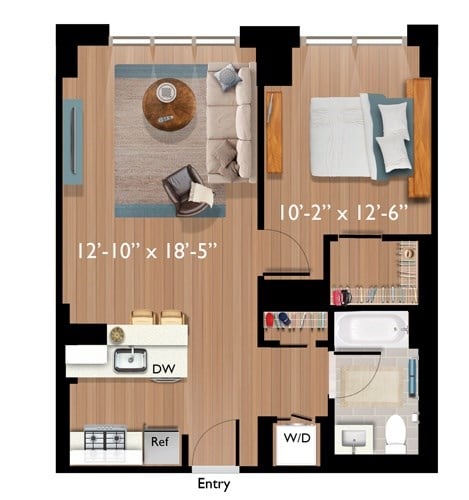 Floor plan for 1 bed, 1 bath, 713 sqft