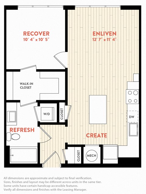 Floor plan for 1 bed, 1 bath, 672 sqft