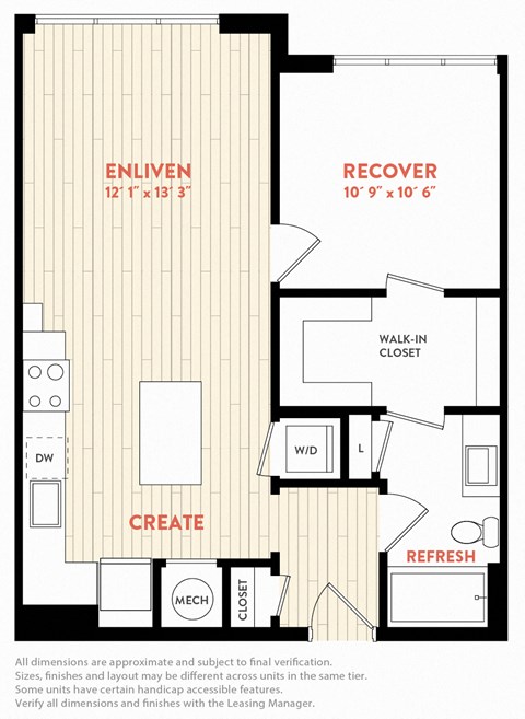 Floor plan for 1 bed, 1 bath, 699 sqft