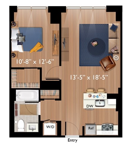 Floor plan for 1 bed, 1 bath, 721 sqft