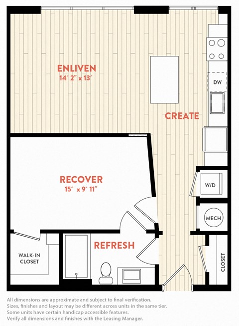 Floor plan for 1 bed, 1 bath, 720 sqft