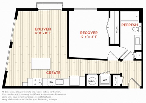 Floor plan for 1 bed, 1 bath, 735 sqft