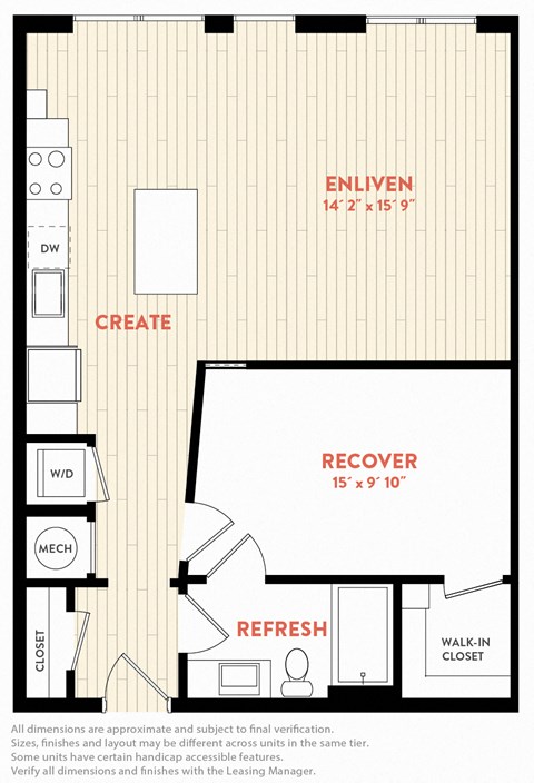 Floor plan for 1 bed, 1 bath, 795 sqft