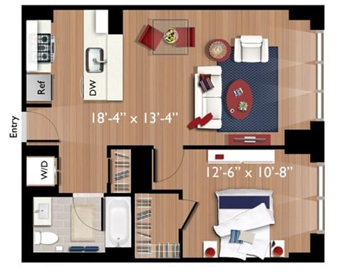 Floor plan for 1 bed, 1 bath, 723 sqft