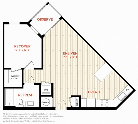 Floor plan for 1 bed, 1 bath, 712 sqft