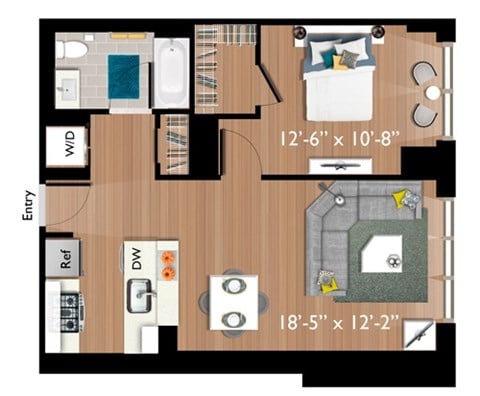 Floor plan for 1 bed, 1 bath, 727 sqft