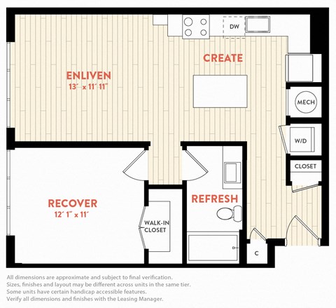 Floor plan for 1 bed, 1 bath, 714 sqft