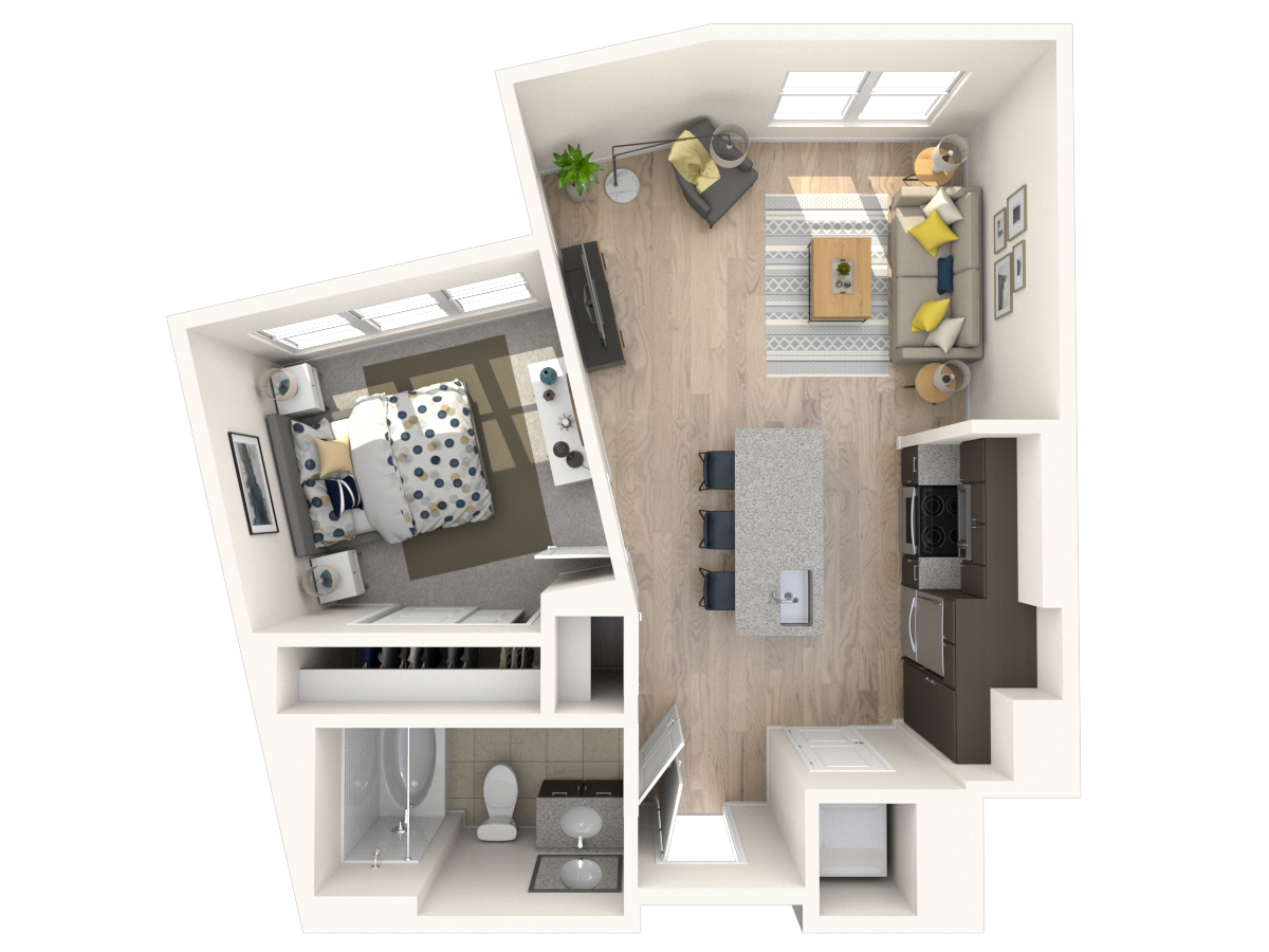 Floor plan for 1 bed, 1 bath, 598 sqft