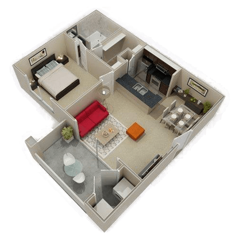 Floor plan for 1 bed, 1 bath, 557 sqft