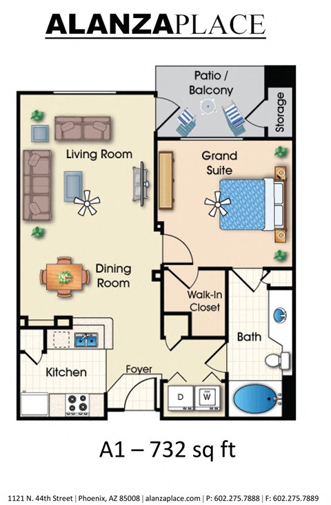 Floor plan for 1 bed, 1 bath, 732 sqft