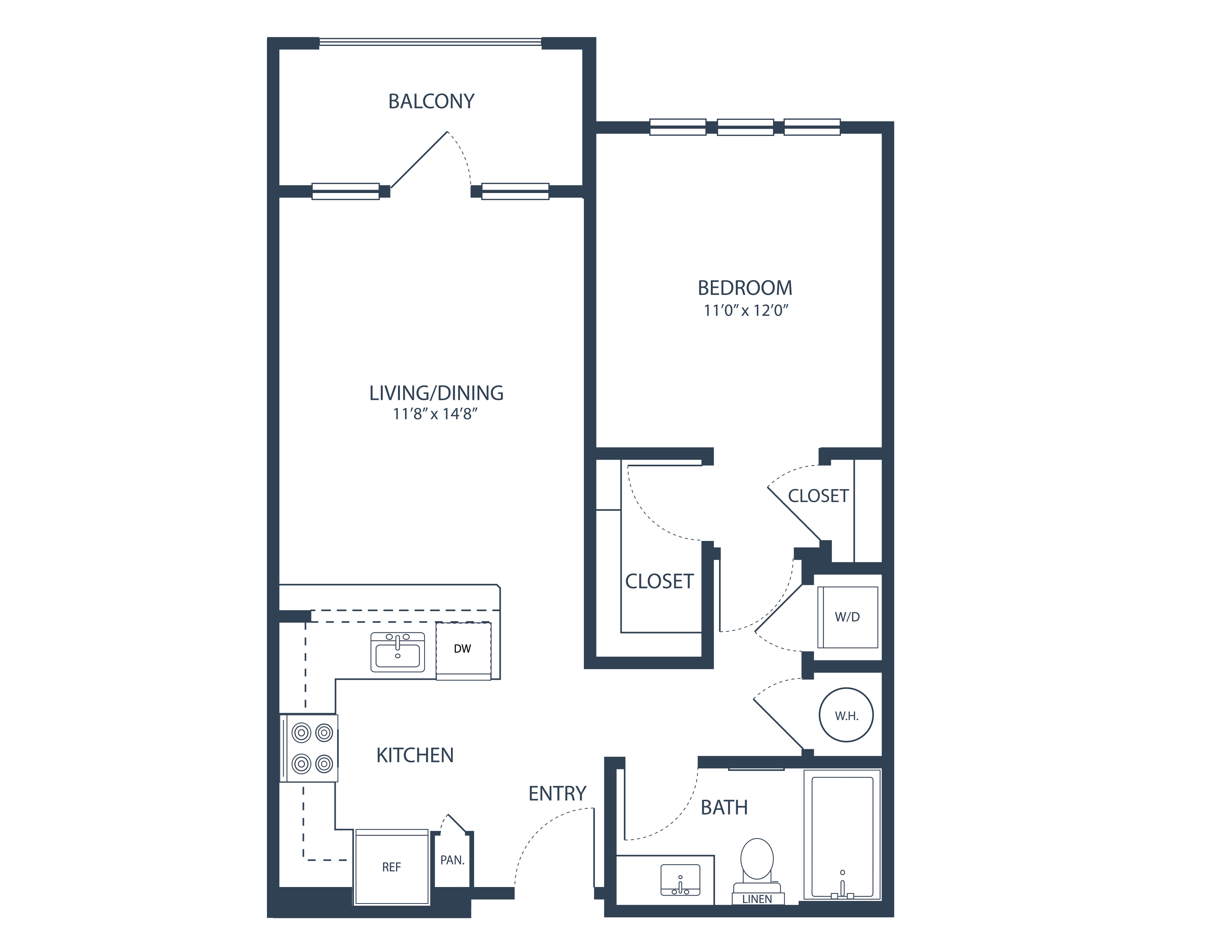 Floor plan for 1 bed, 1 bath, 697 sqft