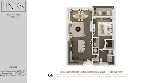 Floor plan for 1 bed, 1 bath, 865 sqft