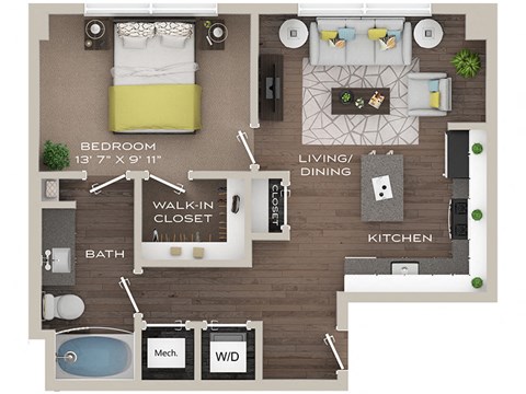 Floor plan for 1 bed, 1 bath, 574 sqft