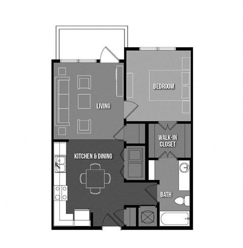 Floor plan for 1 bed, 1 bath, 676 sqft