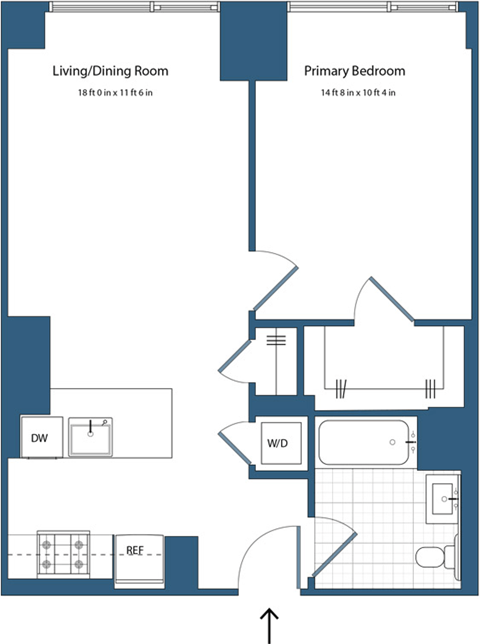 Floor plan for 1 bed, 1 bath, 639 sqft