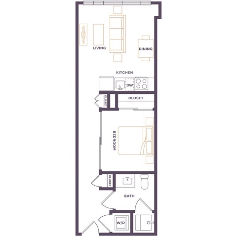 Floor plan for 1 bed, 1 bath, 489 sqft