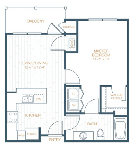 Floor plan for 1 bed, 1 bath, 700 sqft