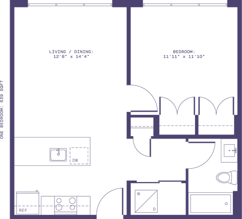 Floor plan for 1 bed, 1 bath, 639 sqft